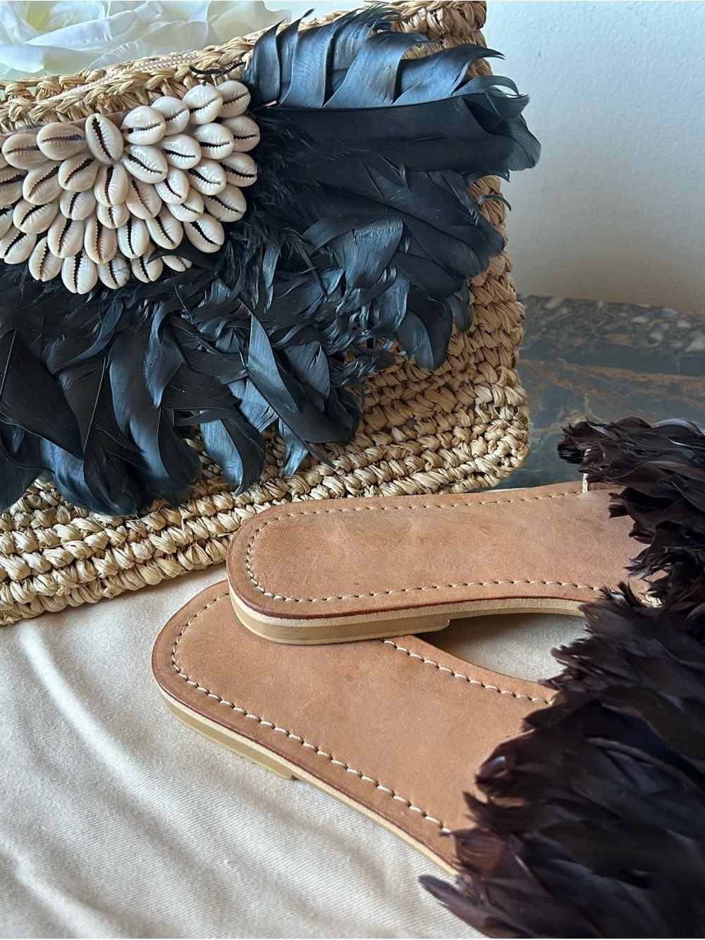 Women’s Feather Trim Slide Sandals in Tan - Modern Casual